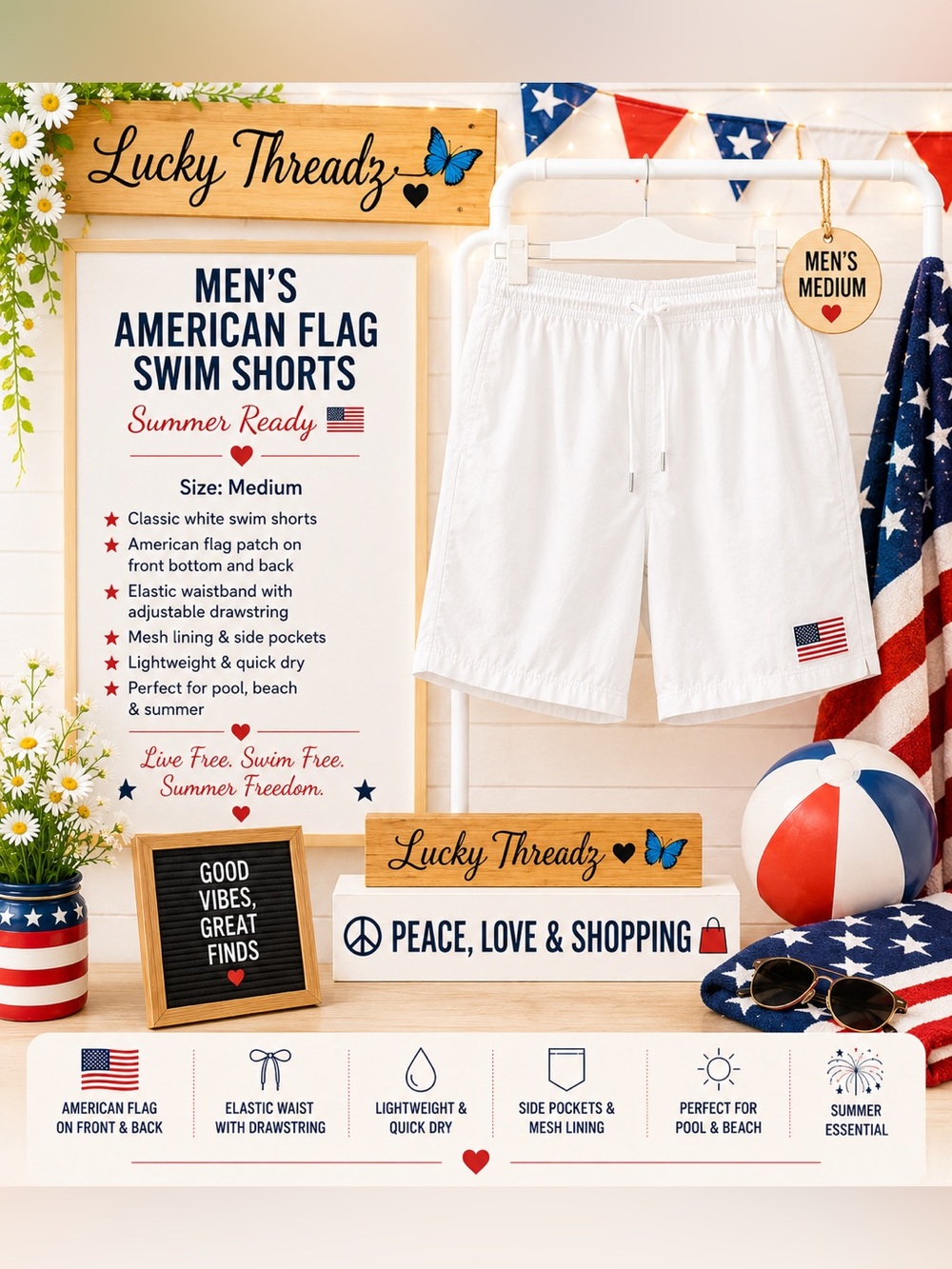 Men's White American Flag Swim Shorts